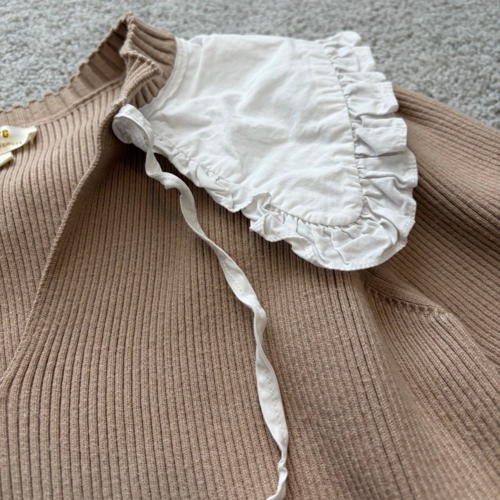 Maeve Anthropologie Poplin Collar Ribbed Knit Sweater Womens S Tan Cottage Retro - Picture 3 of 8